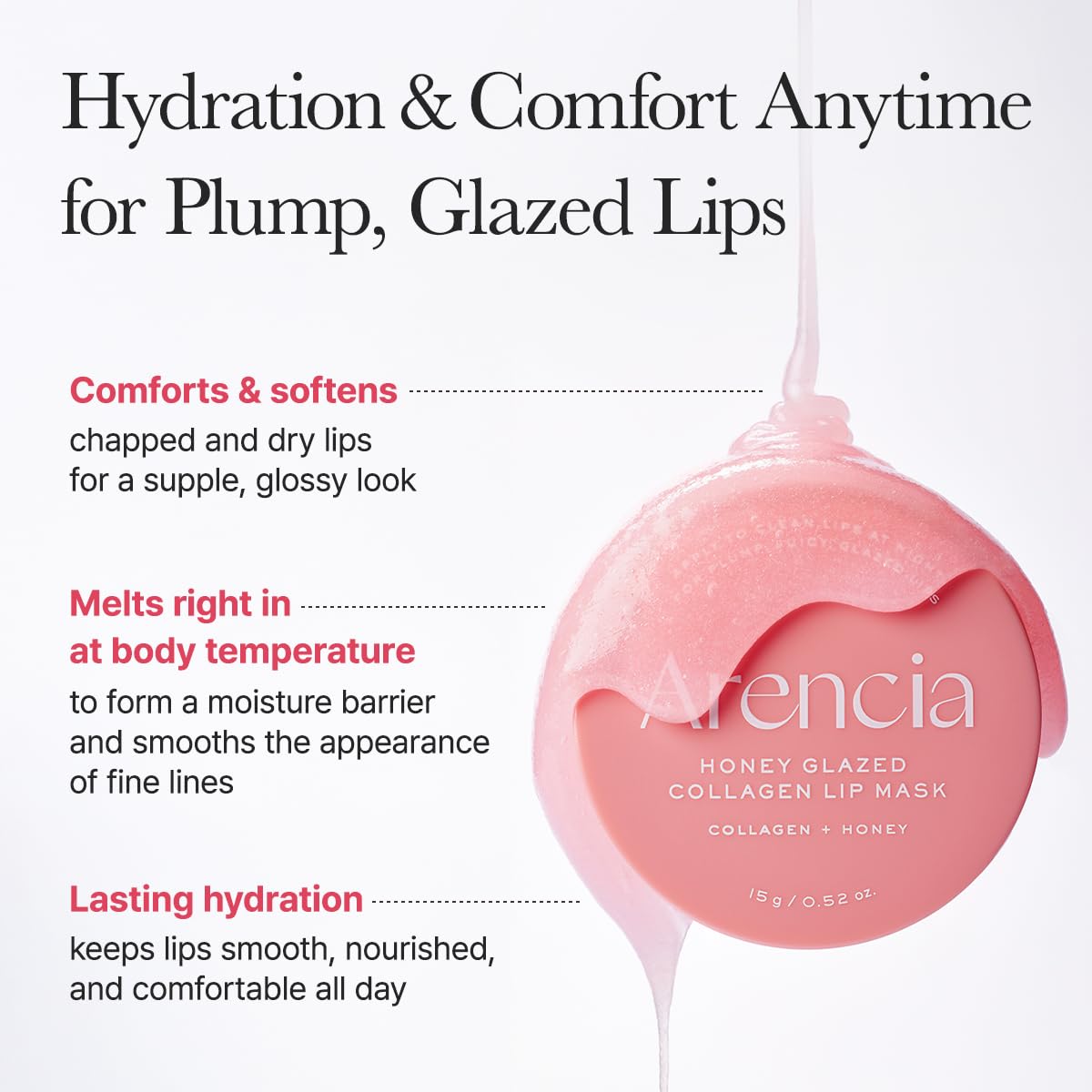 Arencia Honey Glazed Collagen Lip Mask, Overnight Lip Treatment with Collagen and Honey, 0.52 oz - Maple Wellness Supplements
