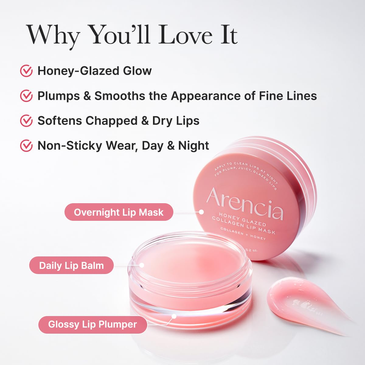 Arencia Honey Glazed Collagen Lip Mask, Overnight Lip Treatment with Collagen and Honey, 0.52 oz - Maple Wellness Supplements