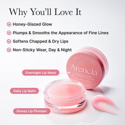 Arencia Honey Glazed Collagen Lip Mask, Overnight Lip Treatment with Collagen and Honey, 0.52 oz - Maple Wellness Supplements