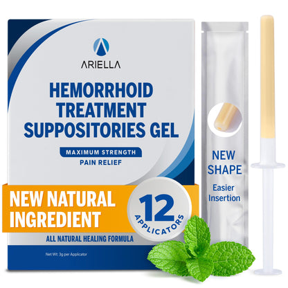 Ariella Hemorrhoid Treatment Suppository Gel: Natural & Herbal - Relieve Itching Burning Discomfort - Internal Relief - New Rounded Applicator - Nighttime Use (Pack of 12) - Maple Wellness Supplements