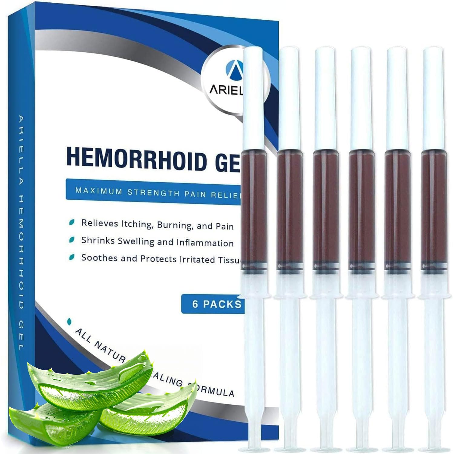 Ariella Hemorrhoid Treatment Suppository Gel: Natural & Herbal - Relieve Itching Burning Discomfort - Internal Relief - New Rounded Applicator - Nighttime Use (Pack of 6, Old) - Maple Wellness Supplements