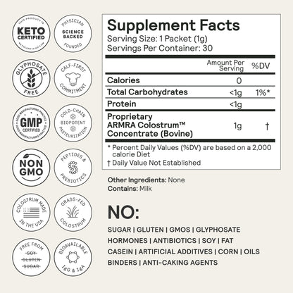 ARMRA Colostrum Powder | Unflavored | Gut Health & Bloating | Skin & Hair | Immunity | Keto, Gluten & Fat-Free | 30 Servings - Maple Wellness Supplements