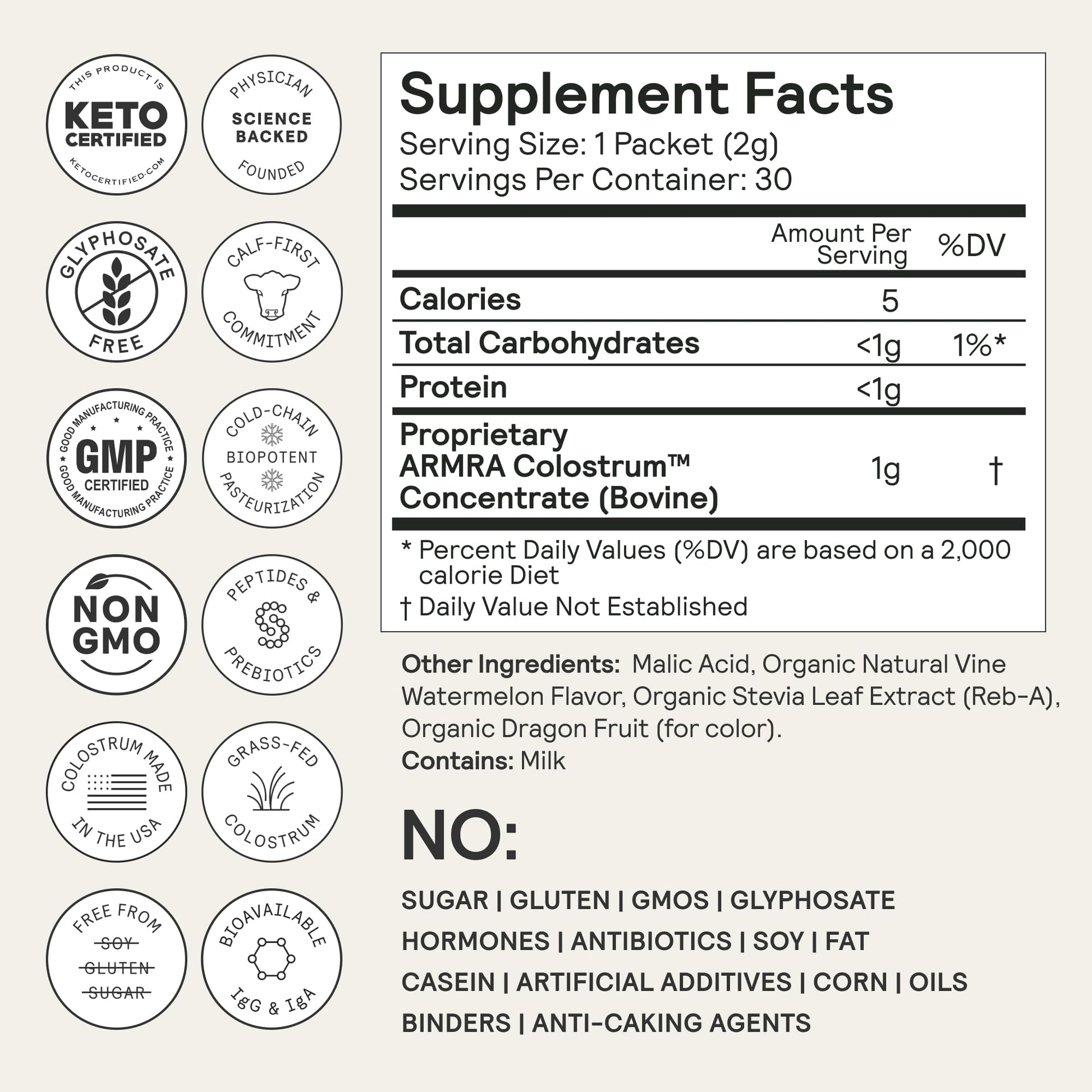 ARMRA Colostrum Powder | Vine Watermelon | Gut Health & Bloating | Skin & Hair | Immunity | Keto, Gluten & Fat-Free | 60 Servings - Maple Wellness Supplements