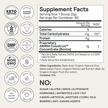 ARMRA Colostrum Powder | Vine Watermelon | Gut Health & Bloating | Skin & Hair | Immunity | Keto, Gluten & Fat-Free | 90 Servings - Maple Wellness Supplements