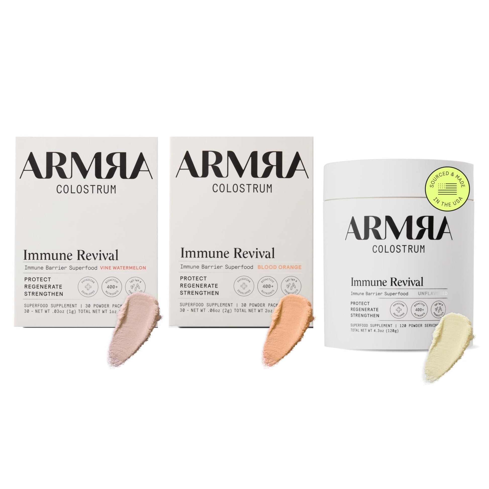 ARMRA Colostrum™ Premium Powder, Grass Fed, Gut Health Bloating Immunity Skin & Hair, Contains 400+ Bioactive Nutrients (Blood Orange, Vine Watermelon, Unflavored Bundle | 180 Servings) - Maple Wellness Supplements