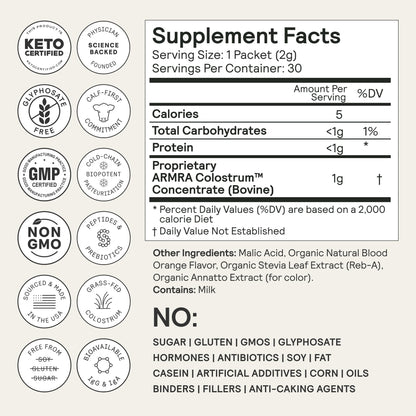 ARMRA Colostrum™ Premium Powder, Grass Fed, Gut Health Bloating Immunity Skin & Hair, Contains 400+ Bioactive Nutrients, Keto, Gluten & Fat Free (Blood Orange Bundle | 120 Servings) - Maple Wellness Supplements