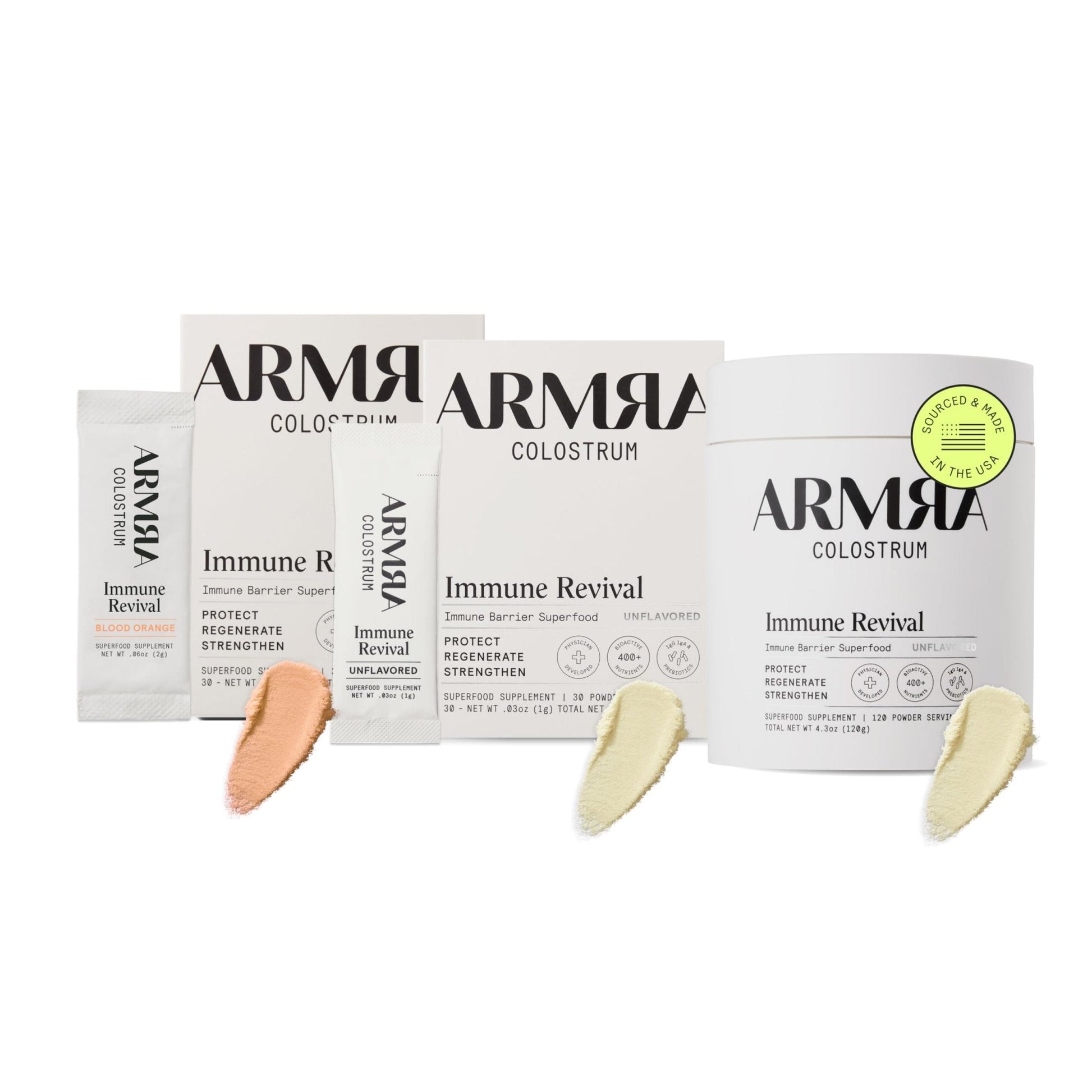 ARMRA Colostrum™ Premium Powder, Grass Fed, Gut Health Bloating Immunity Skin & Hair, Contains 400+ Bioactive Nutrients, Keto, Gluten & Fat Free (Blood Orange, Unflavored Bundle | 180 Servings) - Maple Wellness Supplements