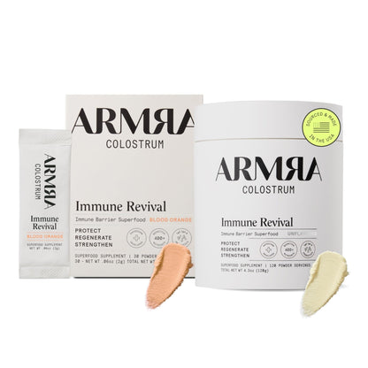 ARMRA Colostrum™ Premium Powder, Grass Fed, Gut Health Bloating Immunity Skin & Hair, Contains 400+ Bioactive Nutrients, Keto, Gluten & Fat Free (Blood Orange, Unflavored Bundle | 150 Servings) - Maple Wellness Supplements