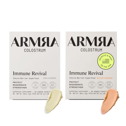 ARMRA Colostrum™ Premium Powder, Grass Fed, Gut Health Bloating Immunity Skin & Hair, Contains 400+ Bioactive Nutrients, Keto, Gluten & Fat Free (Unflavored, Blood Orange Bundle | 60 Servings) - Maple Wellness Supplements
