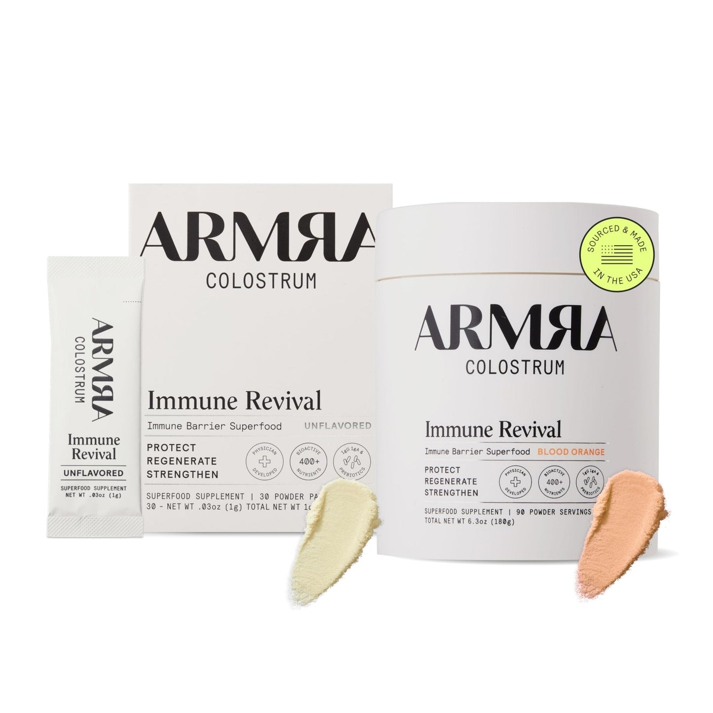 ARMRA Colostrum™ Premium Powder, Grass Fed, Gut Health Bloating Immunity Skin & Hair, Contains 400+ Bioactive Nutrients, Potent Bioavailable, Keto, Gluten & Fat Free (Unflavored 30｜Blood Orange 90) - Maple Wellness Supplements