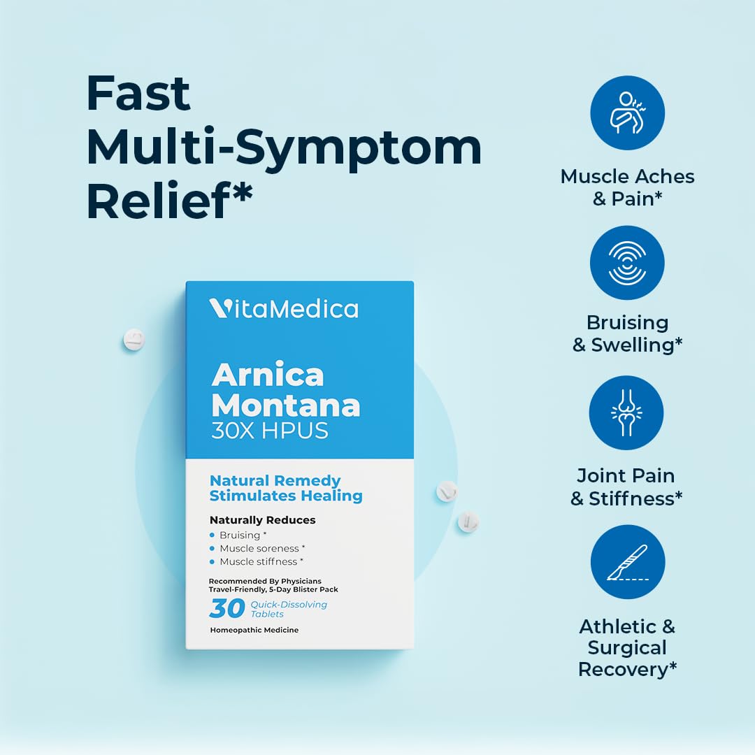 Arnica Montana 30X HPUS, Clinical Grade, Quick Dissolve Tablets, Five-Day Recovery Pack for Pain and Bruise Relief After Surgery or Injury, Natural Healing, Gentle on The Stomach - 30 Count - Maple Wellness Supplements