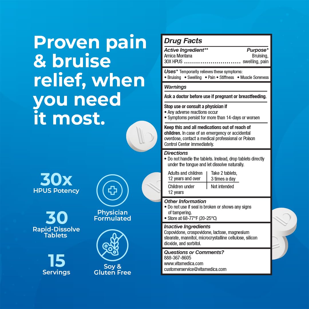Arnica Montana 30X HPUS, Clinical Grade, Quick Dissolve Tablets, Five-Day Recovery Pack for Pain and Bruise Relief After Surgery or Injury, Natural Healing, Gentle on The Stomach - 30 Count - Maple Wellness Supplements