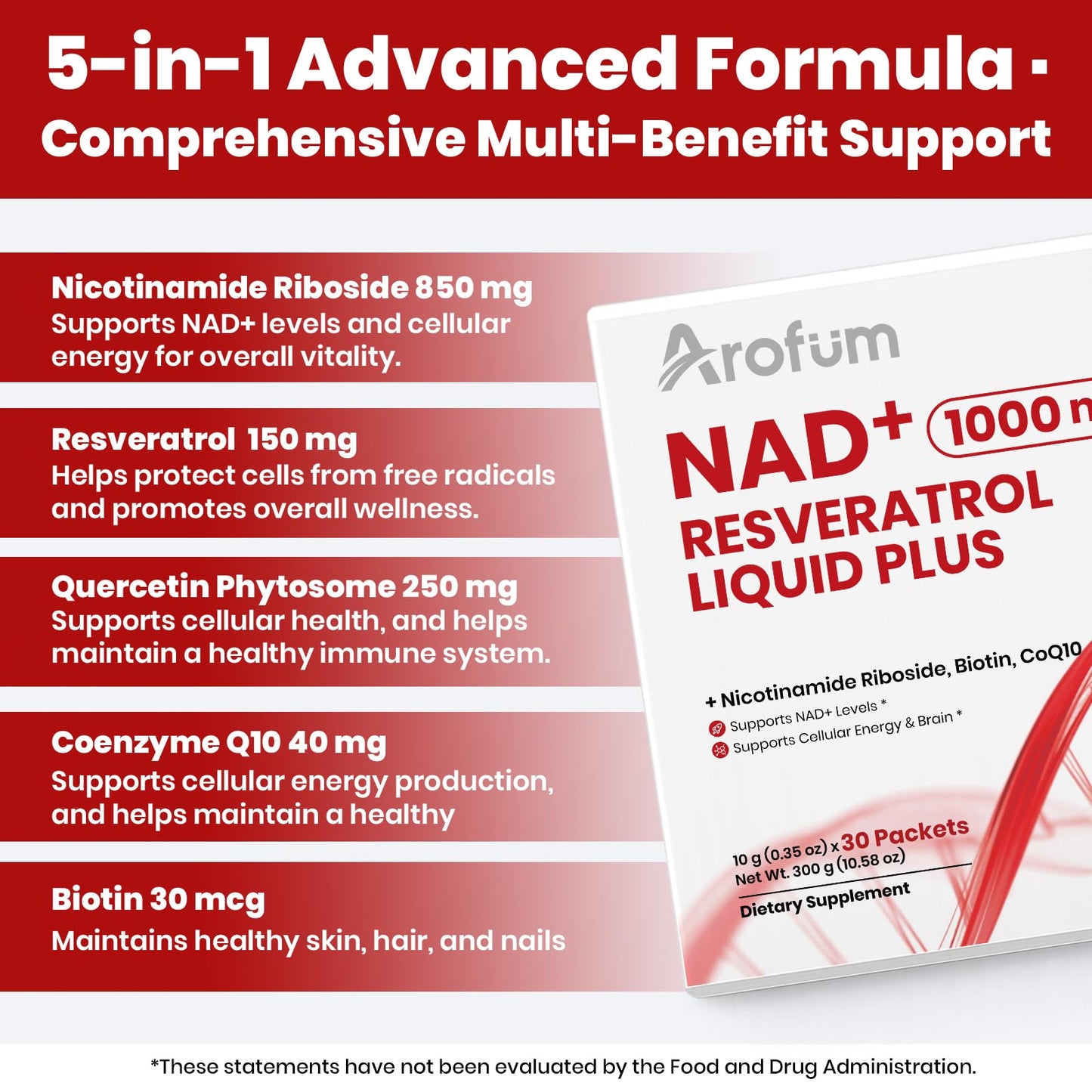Arofum NAD+ Liquid Supplement 1000mg | 850mg Nicotinamide Riboside with Resveratrol, Quercetin, CoQ10 & Biotin | Cellular Energy, DNA Repair, Healthy Aging | NAD Supplements for Women & Men 30 Packets - Maple Wellness Supplements