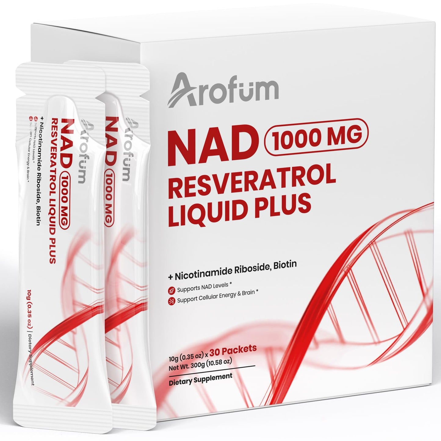 Arofum NAD+ Liquid Supplement 1000mg | 850mg Nicotinamide Riboside with Resveratrol, Quercetin, CoQ10 & Biotin | Cellular Energy, DNA Repair, Healthy Aging | NAD Supplements for Women & Men 30 Packets - Maple Wellness Supplements