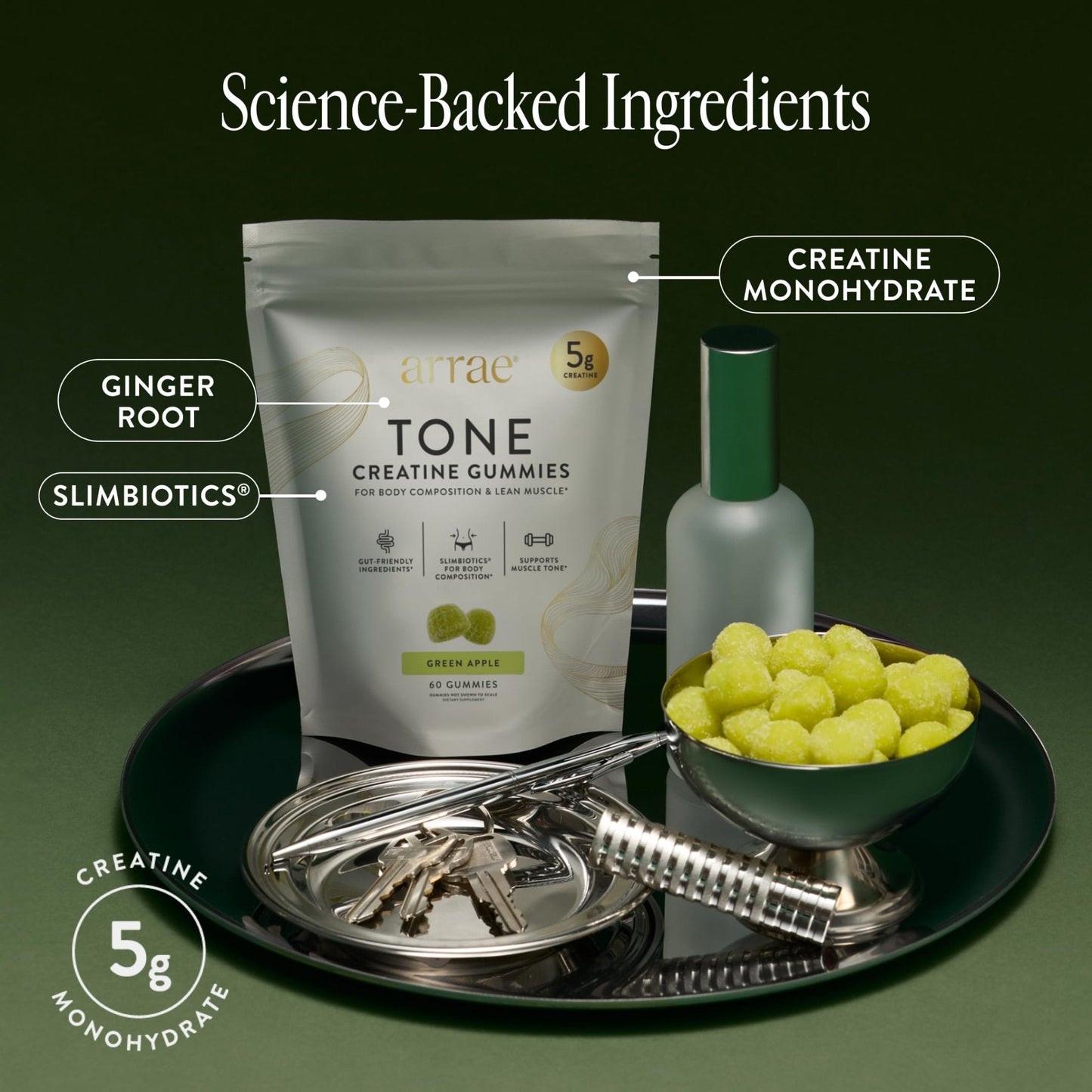 Arrae Tone Gummies – Creatine Monohydrate 5g for Women – Support Lean Muscle, Strength & Recovery – Hormone-Friendly Muscle Toning Supplement – Sour Green Apple Flavor – 60 Count (Sour Green Apple) - Maple Wellness Supplements
