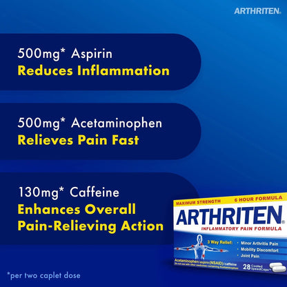 Arthriten Inflammatory Pain Formula Caplets with 3 Active Ingredients: Aspirin, Acetaminophen & Caffeine, White, 28 Count (Pack of 1) - Maple Wellness Supplements