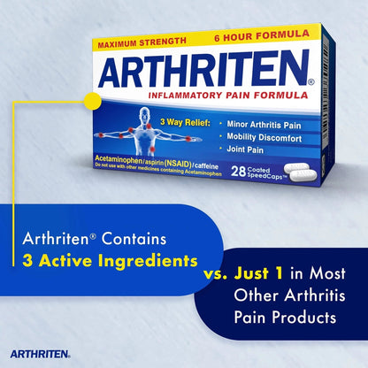 Arthriten Inflammatory Pain Formula Caplets with 3 Active Ingredients: Aspirin, Acetaminophen & Caffeine, White, 28 Count (Pack of 1) - Maple Wellness Supplements
