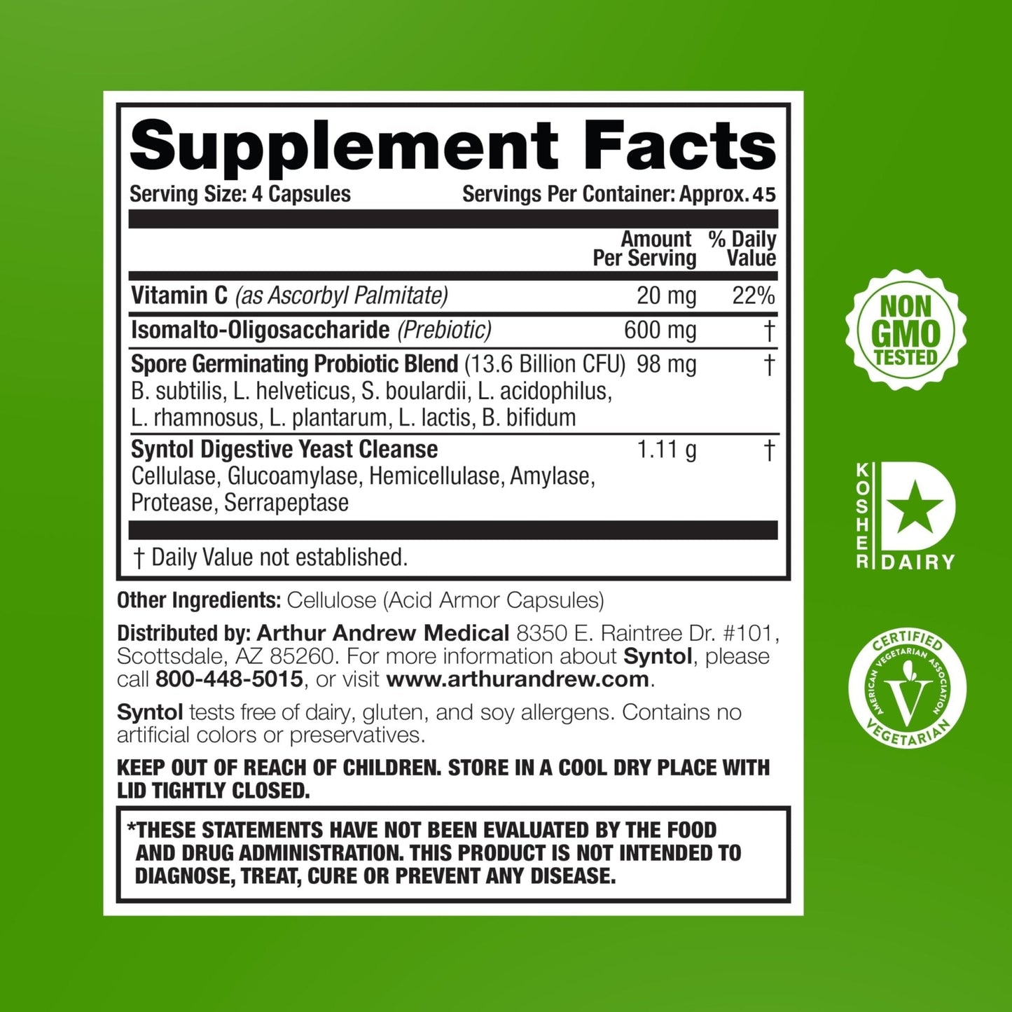 Arthur Andrew Medical, Syntol, 3-in-1 Formula with Probiotics, Prebiotic Fiber & Yeast Cleansing Multi-Enzymes, 180 - Maple Wellness Supplements