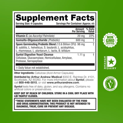 Arthur Andrew Medical, Syntol, 3-in-1 Formula with Probiotics, Prebiotic Fiber & Yeast Cleansing Multi-Enzymes, 180 - Maple Wellness Supplements
