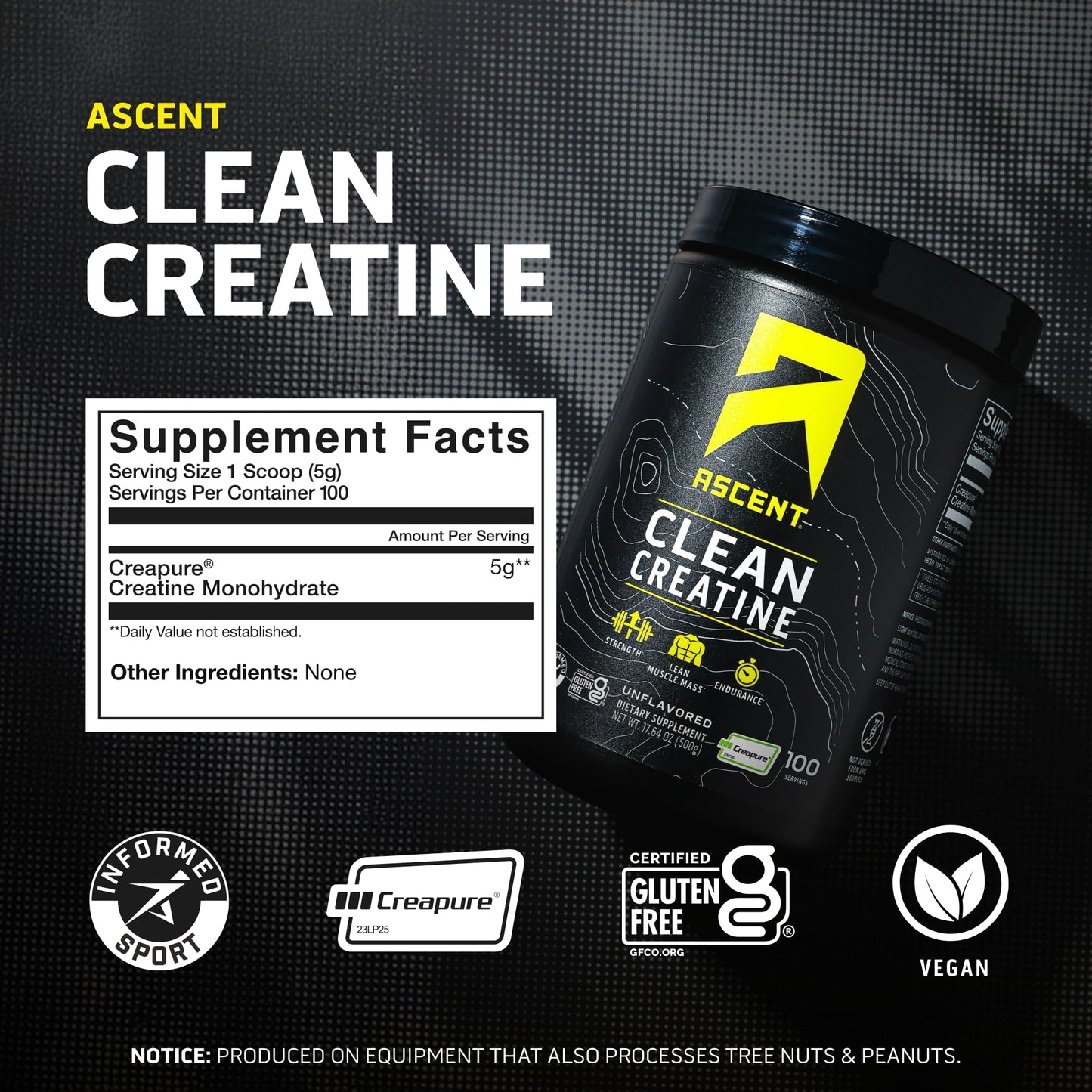 Ascent Clean Creatine Monohydrate Powder - 5G Per Serving, Creapure Creatine Supplement - Unflavored, 100 Servings - Maple Wellness Supplements