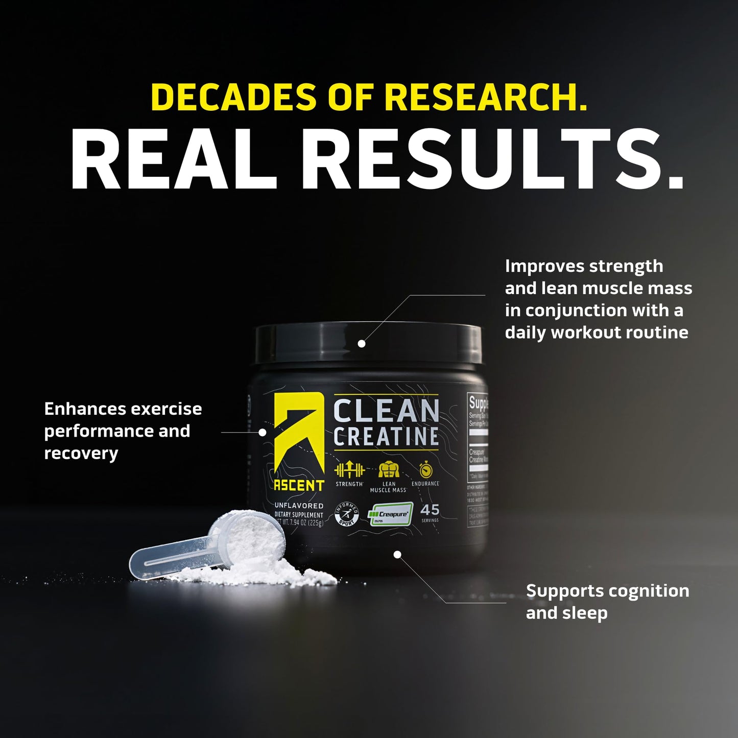 Ascent Clean Creatine Monohydrate Powder - 5G Per Serving, Creapure Supplement - Unflavored, 45 Servings - Maple Wellness Supplements