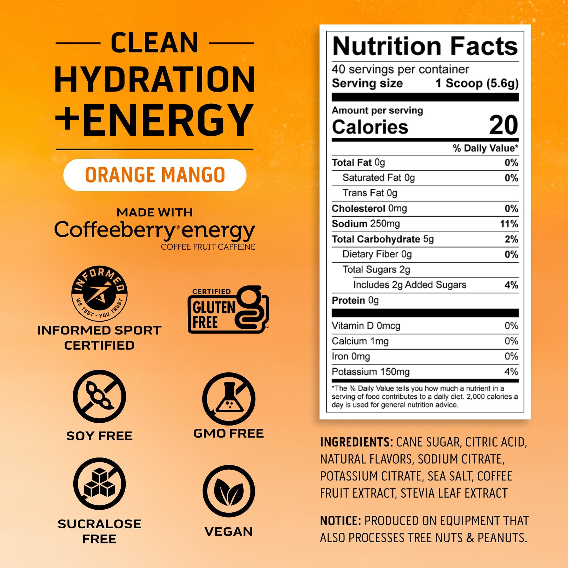 Ascent Clean Hydration + Energy Electrolytes Powder - 100mg Caffeine, 400mg Electrolytes, No Artificial Ingredients, Orange Mango 40 Servings - Maple Wellness Supplements