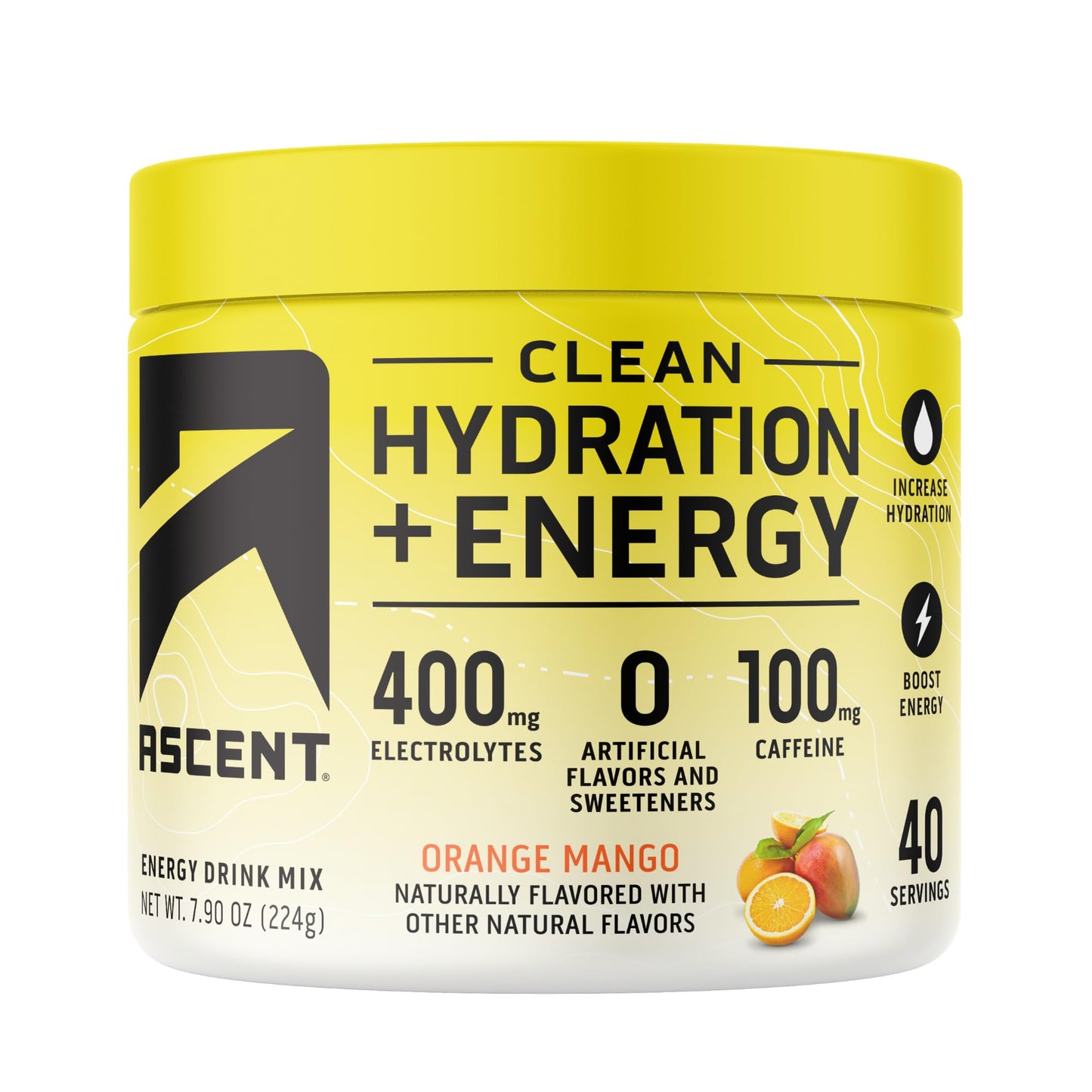 Ascent Clean Hydration + Energy Electrolytes Powder - 100mg Caffeine, 400mg Electrolytes, No Artificial Ingredients, Orange Mango 40 Servings - Maple Wellness Supplements