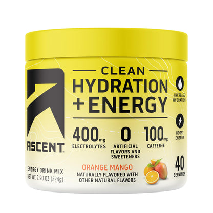 Ascent Clean Hydration + Energy Electrolytes Powder - 100mg Caffeine, 400mg Electrolytes, No Artificial Ingredients, Orange Mango 40 Servings - Maple Wellness Supplements