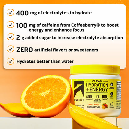 Ascent Clean Hydration + Energy Electrolytes Powder - 100mg Caffeine, 400mg Electrolytes, No Artificial Ingredients, Orange Mango 40 Servings - Maple Wellness Supplements