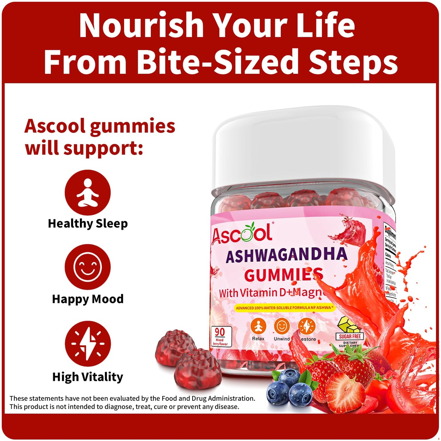 Ascool Ashwagandha Gummies for Stress Support & Relaxation with Magnesium + Vitamin D – 90 Count Sugar-Free, Vegan Ashwa Supplements - Maple Wellness Supplements