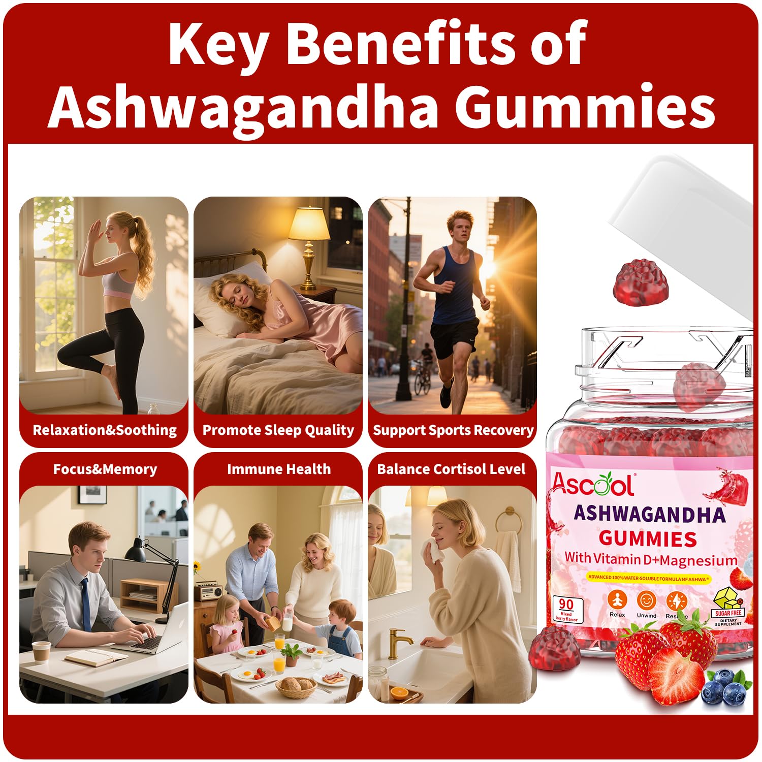 Ascool Ashwagandha Gummies for Stress Support & Relaxation with Magnesium + Vitamin D – 90 Count Sugar-Free, Vegan Ashwa Supplements - Maple Wellness Supplements