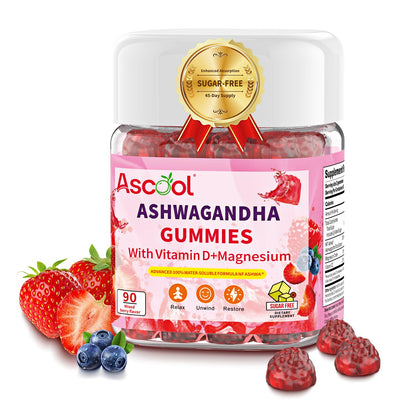 Ascool Ashwagandha Gummies for Stress Support & Relaxation with Magnesium + Vitamin D – 90 Count Sugar-Free, Vegan Ashwa Supplements - Maple Wellness Supplements