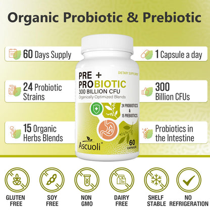 Ascuoli Probiotics for Women & Men - 300 Billion CFU, 24 Strains Probiotics + 15 Organic Herbs Blend, Daily Probiotic for Digestive Health, - Maple Wellness Supplements