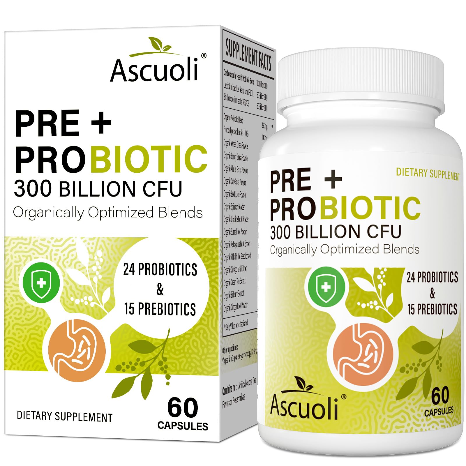Ascuoli Probiotics for Women & Men - 300 Billion CFU, 24 Strains Probiotics + 15 Organic Herbs Blend, Daily Probiotic for Digestive Health, - Maple Wellness Supplements