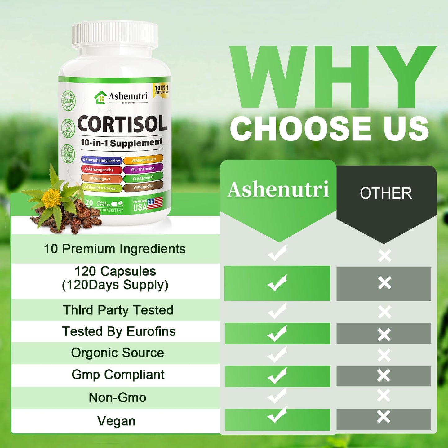 Ashenutri 10-in-1 Cortisol Supplement with Magnesium,Ashwagandha,Rhodiola Rosea,L Theanine,Hormone Balance for Women 120 Vegan Capsules - Maple Wellness Supplements
