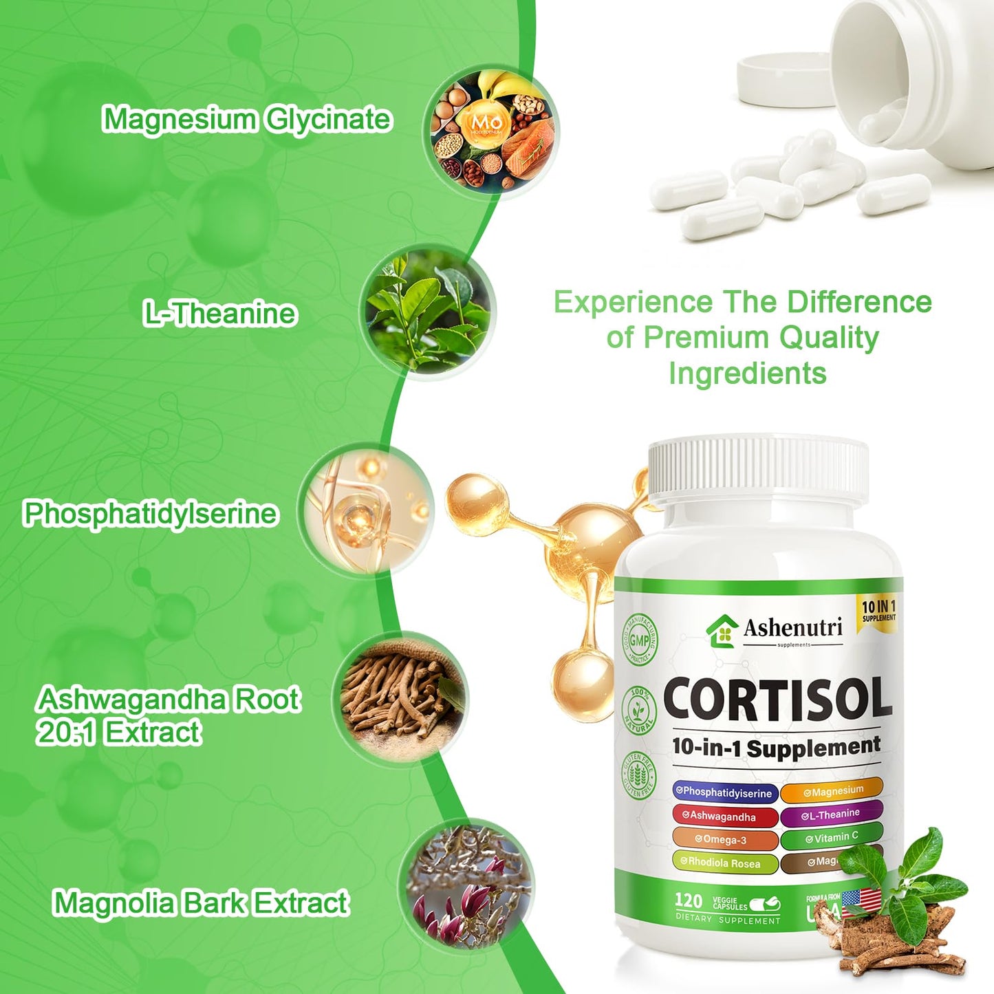 Ashenutri 10-in-1 Cortisol Supplement with Magnesium,Ashwagandha,Rhodiola Rosea,L Theanine,Hormone Balance for Women 120 Vegan Capsules - Maple Wellness Supplements