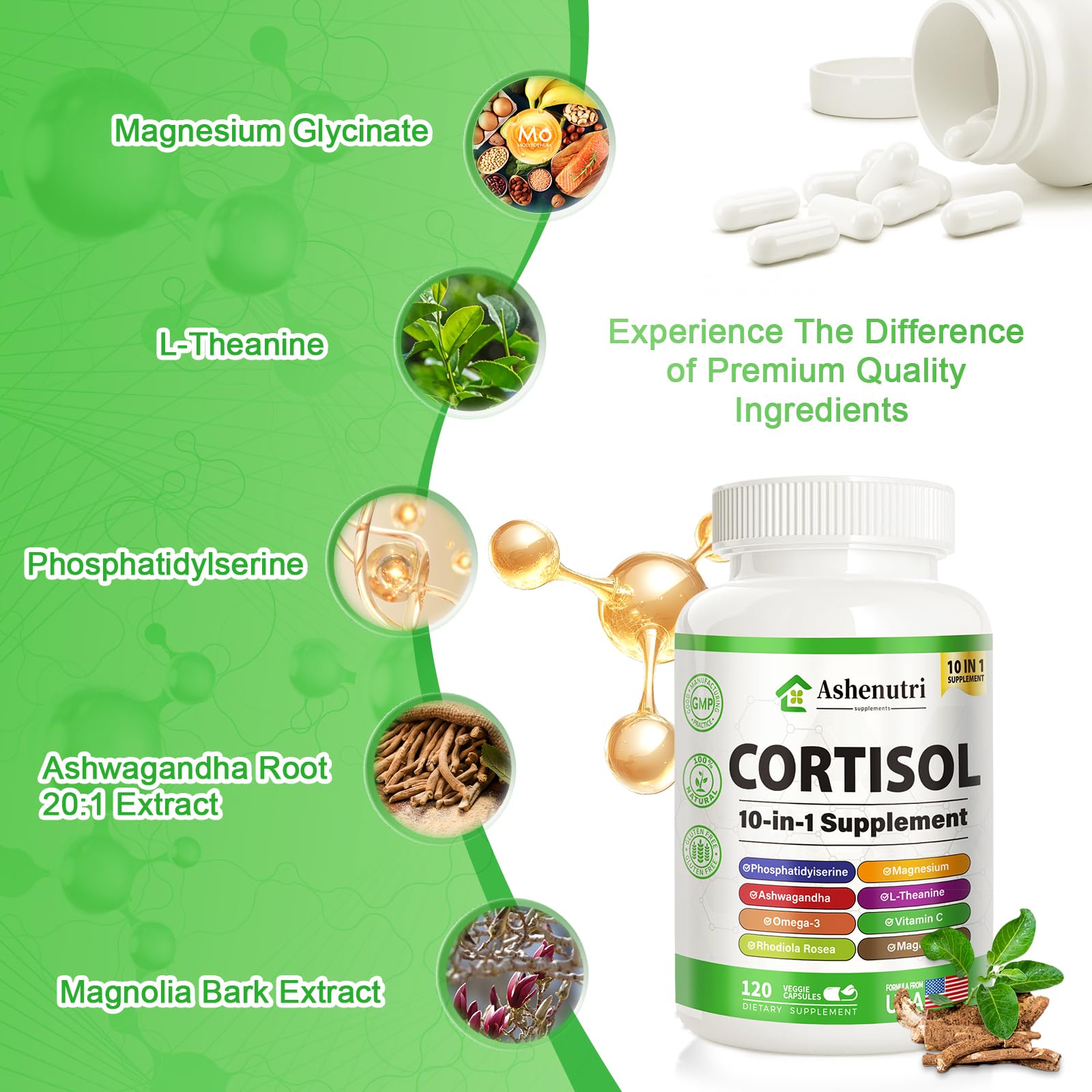 Ashenutri 10-in-1 Cortisol Supplement with Magnesium,Ashwagandha,Rhodiola Rosea,L Theanine,Hormone Balance for Women 120 Vegan Capsules - Maple Wellness Supplements