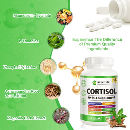 Ashenutri 10-in-1 Cortisol Supplement with Magnesium,Ashwagandha,Rhodiola Rosea,L Theanine,Hormone Balance for Women 120 Vegan Capsules - Maple Wellness Supplements
