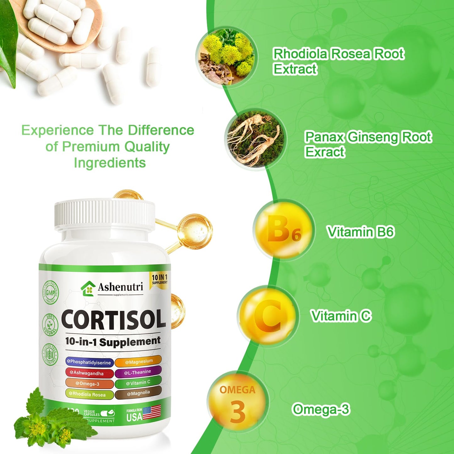 Ashenutri 10-in-1 Cortisol Supplement with Magnesium,Ashwagandha,Rhodiola Rosea,L Theanine,Hormone Balance for Women 120 Vegan Capsules - Maple Wellness Supplements