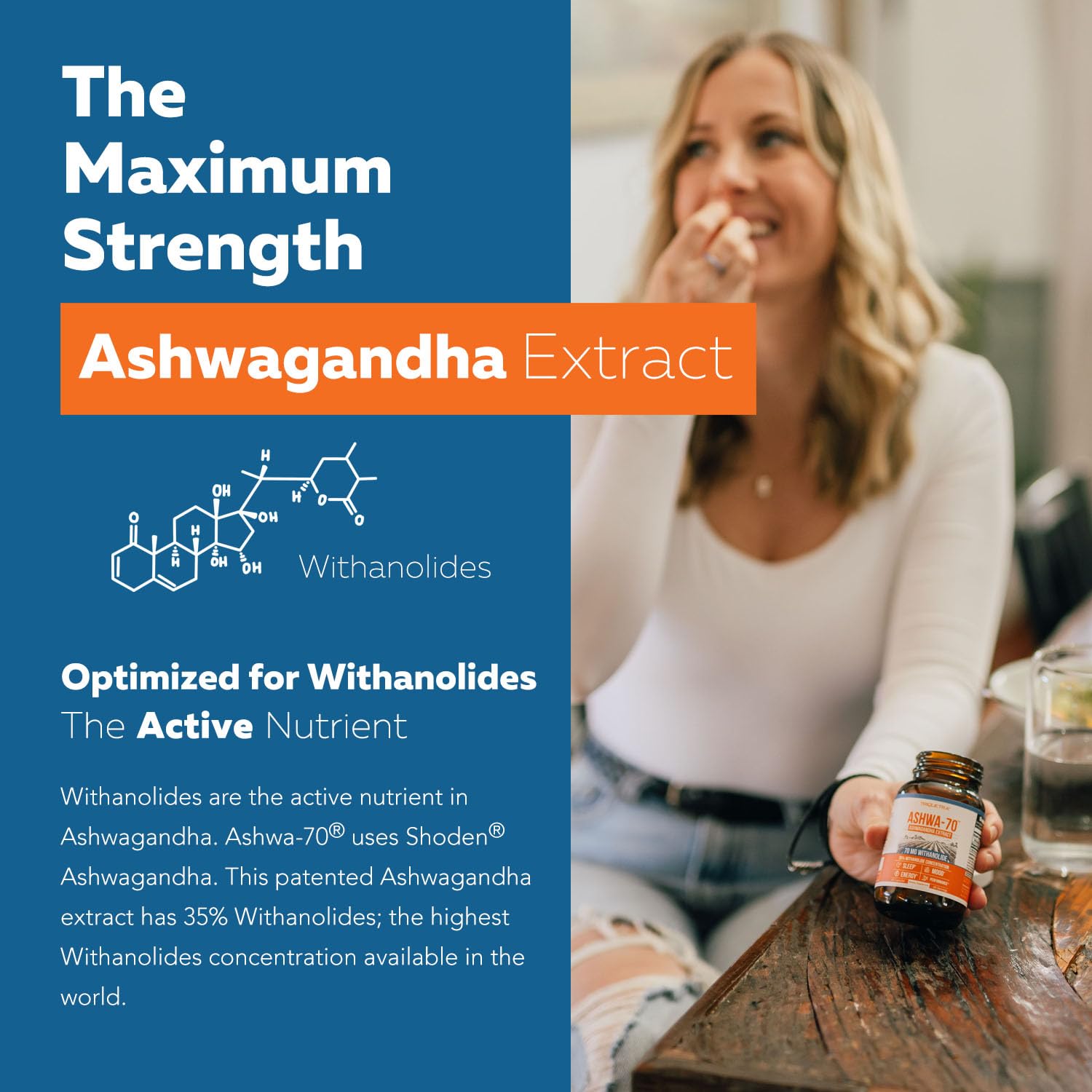 Ashwa-70®: Ashwagandha Extract - 35% Withanolides | Max Strength, Highest Withanolide Concentration - Mood & Performance - Enhanced Absorption with BioPerine® Black Pepper (60 Capsules) - Maple Wellness Supplements
