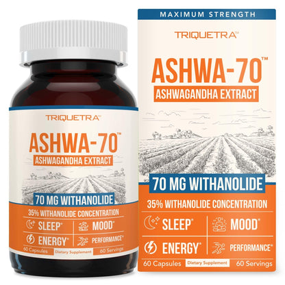 Ashwa-70®: Ashwagandha Extract - 35% Withanolides | Max Strength, Highest Withanolide Concentration - Mood & Performance - Enhanced Absorption with BioPerine® Black Pepper (60 Capsules) - Maple Wellness Supplements