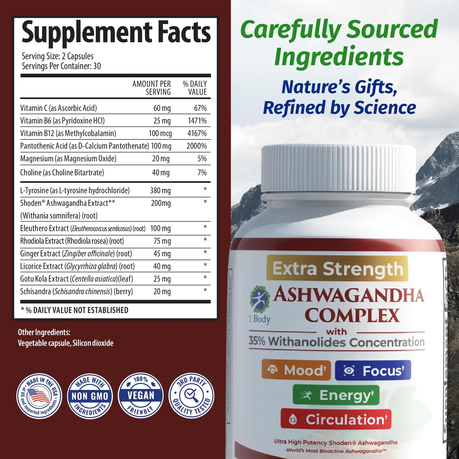 Ashwagandha Complex Adrenal Support Supplement for Stress Relief, Cortisol Balance, Energy & Focus, Mood Support, 35% Withanolides, 60 Vegan Capsules - Maple Wellness Supplements