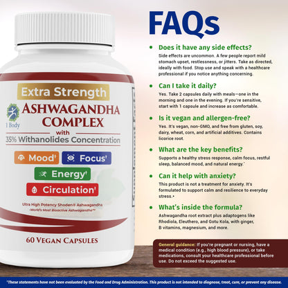 Ashwagandha Complex Adrenal Support Supplement for Stress Relief, Cortisol Balance, Energy & Focus, Mood Support, 35% Withanolides, 60 Vegan Capsules - Maple Wellness Supplements