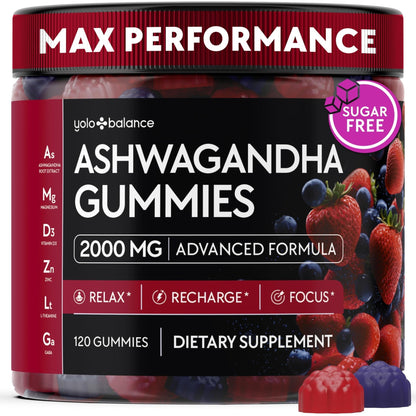 Ashwagandha Gummies – 120 Count - 2000 MG Ashwagandha Supplements with L-Theanine, GABA, Magnesium, Zinc & Vitamin D3 – Sugar-Free, Vegan, - Maple Wellness Supplements