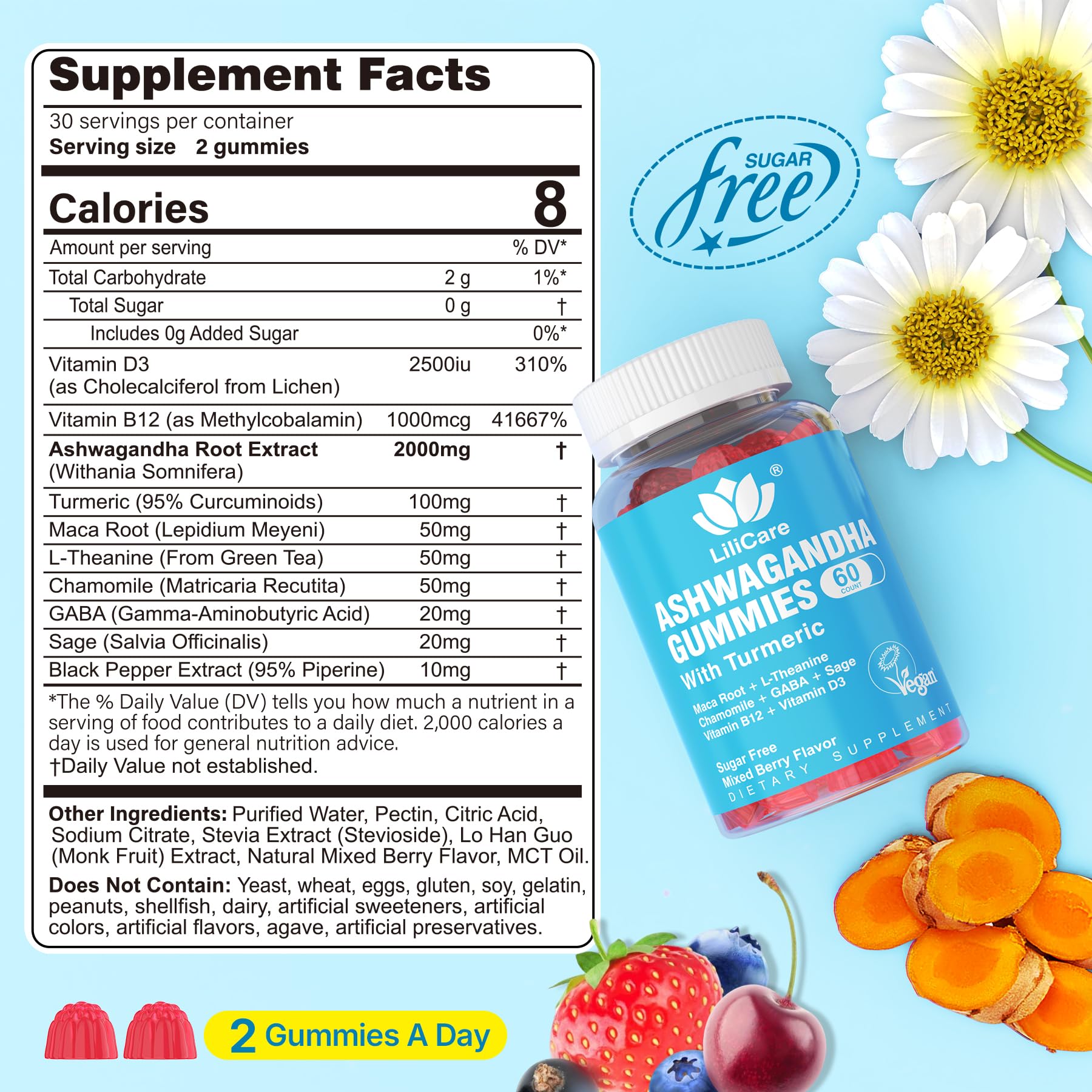 Ashwagandha Gummies 2000mg for Women Men - Sugar Free, Vegan - Organic Ashwagandha Root Extract Supplements Gummy & Vitamin D3 - Maple Wellness Supplements