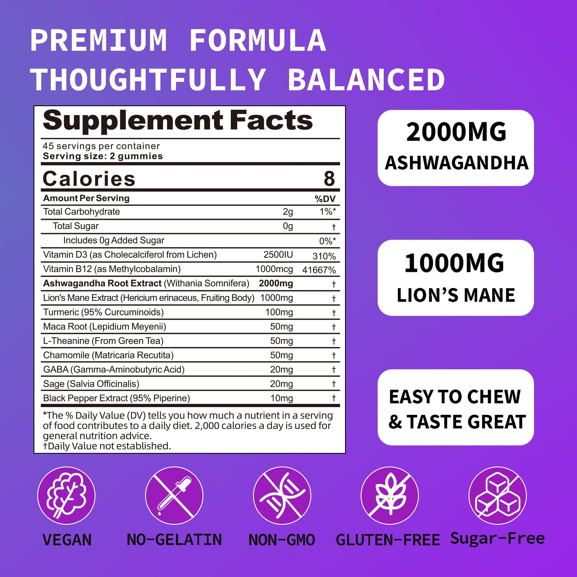 Ashwagandha Gummies - 2000MG Organic Ashwagandha & Lions Mane Gummies for Adults with Vitamin D3 B12, L-Theanine, Cortisol Supplements for Women & Men, Sugar-Free, Vegan, Berry Flavor - 90 Counts - Maple Wellness Supplements
