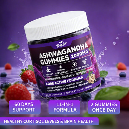 Ashwagandha Gummies - 2000MG Organic Ashwagandha & Lions Mane Gummies for Adults with Vitamin D3 B12, L-Theanine, Cortisol Supplements for Women & Men, Sugar-Free, Vegan, Berry Flavor - 90 Counts - Maple Wellness Supplements