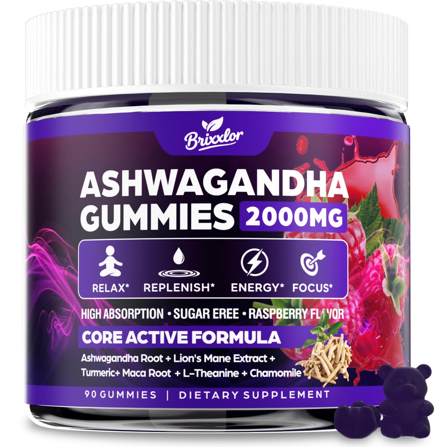 Ashwagandha Gummies - 2000MG Organic Ashwagandha & Lions Mane Gummies for Adults with Vitamin D3 B12, L-Theanine, Cortisol Supplements for Women & Men, Sugar-Free, Vegan, Berry Flavor - 90 Counts - Maple Wellness Supplements