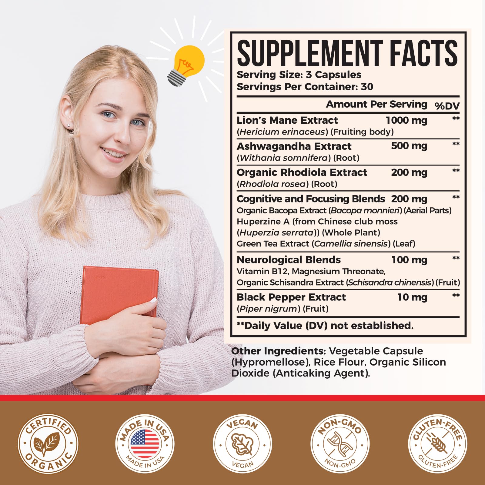 Ashwagandha & Lions Mane Supplements Capsules, Brain Supplements for Memory and Focus, Ashwagandha with Rhodiola Rosea for Cognitive, Immune Support, Cortisol Supplements for Women, 90 Capsules - Maple Wellness Supplements