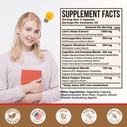 Ashwagandha & Lions Mane Supplements Capsules, Brain Supplements for Memory and Focus, Ashwagandha with Rhodiola Rosea for Cognitive, Immune Support, Cortisol Supplements for Women, 90 Capsules - Maple Wellness Supplements